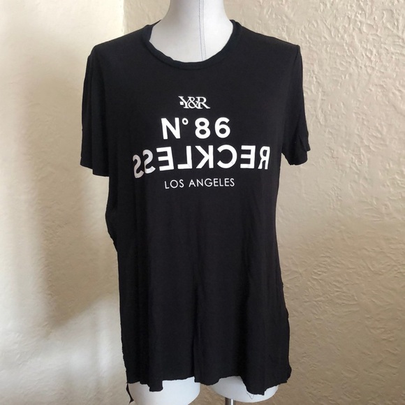Young & Reckless Black Split Side White Graphic Oversized Tee Shirt Top - Picture 1 of 8